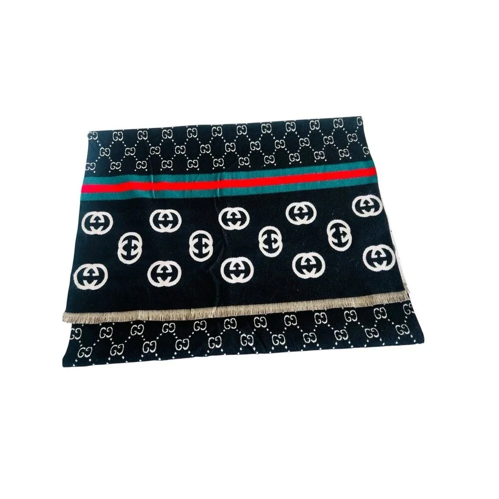 Gucci Reversible GG Monogram Cashmere Silk Scarf Black White 70”